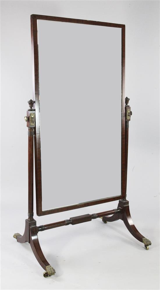 A Regency mahogany and ebony line inlaid cheval mirror, H.5ft 5in.